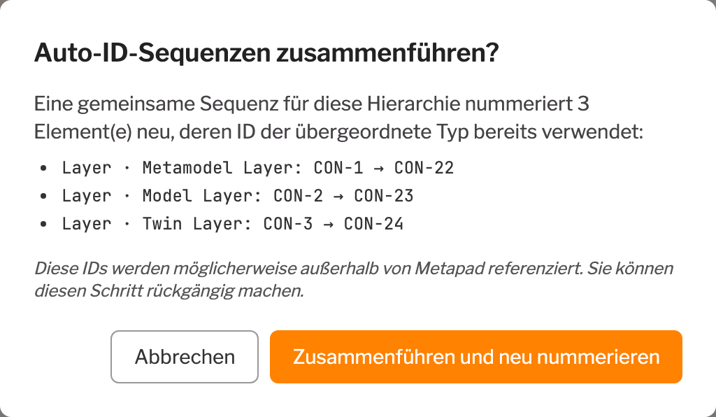 Der Dialog „Auto-ID-Sequenzen zusammenführen?“ mit den fünf IDs, die sich ändern werden