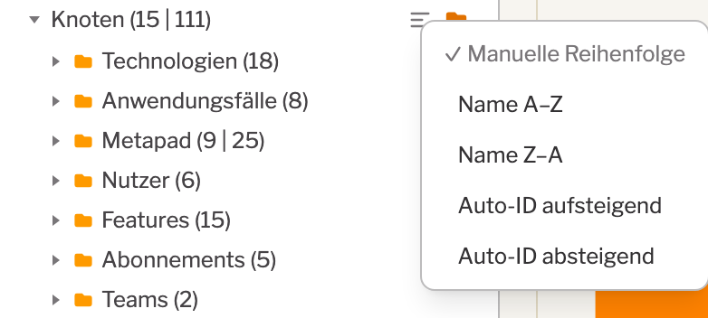 Das Sortiermenü, geöffnet auf dem Abschnitt „Knoten“, mit allen fünf Sortiermodi