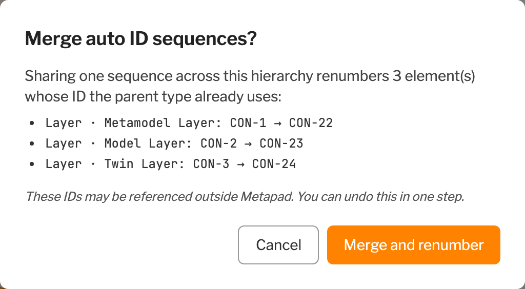 The Merge auto ID sequences? dialog, listing the five IDs that will change before anything happens
