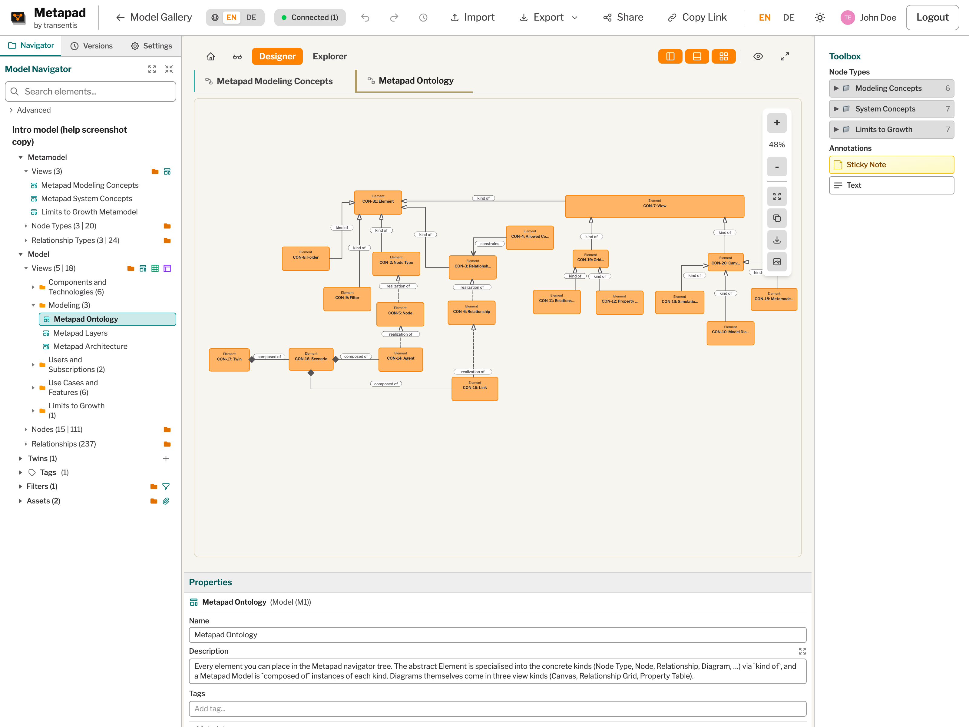 The Metapad workspace in Designer mode, with all four panels