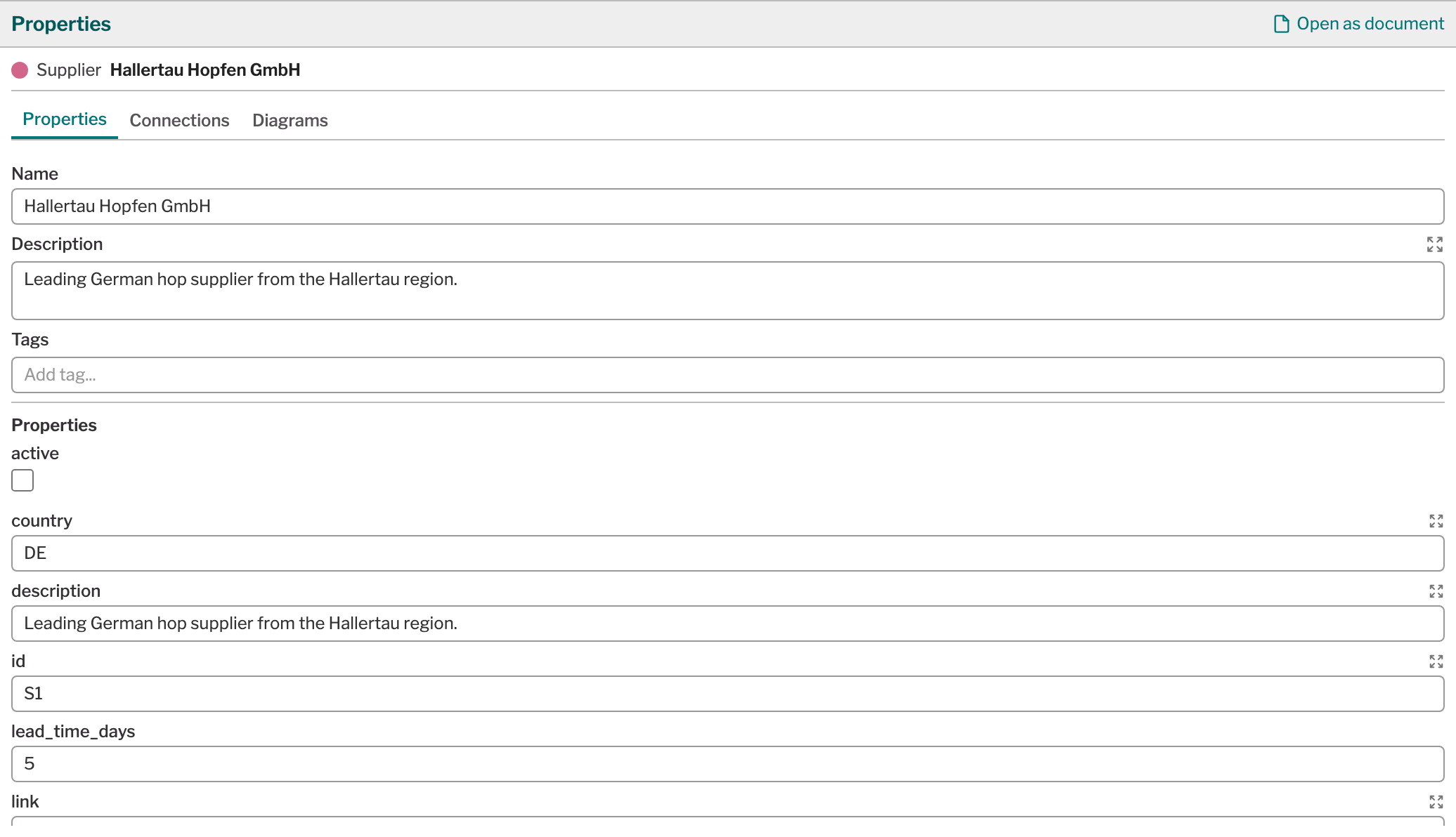 The Properties panel for a supplier node, showing its type's properties below Name, Description and Tags